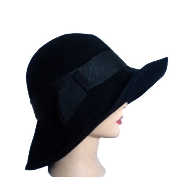 HELEN KAMINSKI RABBIT FUR FELT BLACK WIDE BRIM HAT OS